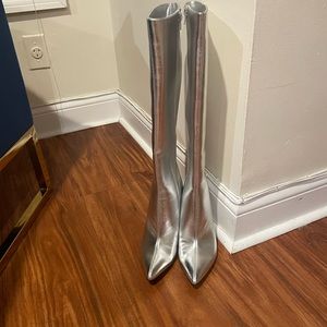 Silver faux leather wedge boots